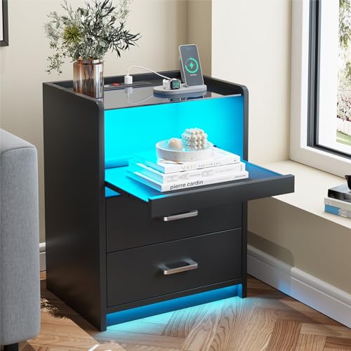 AOGLLATI LED Nightstand Set of 2 with Charging Station, Night Stand with Pull-Out Shelf, 2 Drawers, Bedside Table with LED Lights, Modern End Table with USB Ports Outlets, 2 Pack, Black AOGLLATI