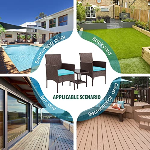 FDW 3 Piece Outdoor Furniture Set Patio Brown Wicker Chairs Furniture Bistro Conversation Set 2 Rattan Chairs with Blue Cushions and Glass Coffee Table for Porch Lawn Garden Balcony Backyard FDW