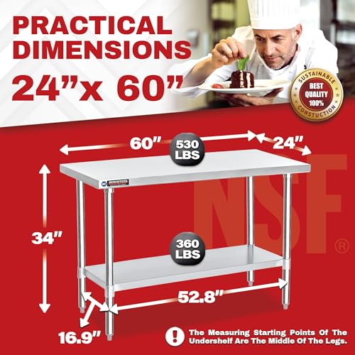 DuraSteel 24x60 Inch Stainless Steel Table - Kitchen Island Workstation with Adjustable Shelf - NSF Certified Work Table - Cooking & Laundry Prep DuraSteel