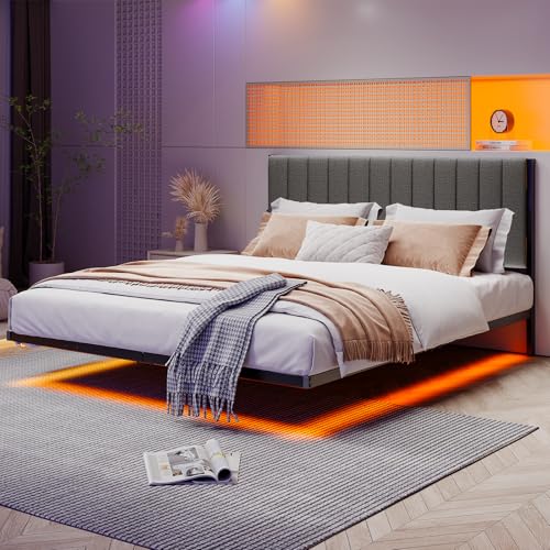 JUISSANO Floating Full Bed Frame with LED Lights & Charging Station,Metal Platform Bed Frame Full Size with Upholstered Headboard,No Box Spring Needed,Heavy Duty Steel Slats,Easy to Assemble No Noise JUISSANO