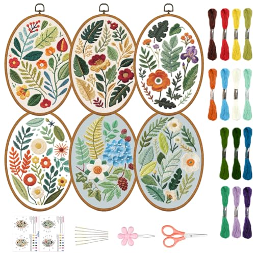ORIGACH 6 Pack Plants Leaves & Flower Embroidery Kits for Beginners, DIY Starter Hand Embroidery Kit with Floral and Leaf Patterns and Instructions for Adults Women Crafting