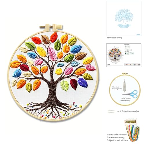 Zhenqing Rainbow Tree of Life Embroidery Kit for Beginners - 29x29cm Printed Fabric with Hoop & Full Tools (C0060)