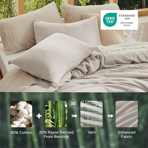 Bedsure Muslin Duvet Cover Queen Size - Cotton Blend Rayon Derived from Bamboo, Cooling Duvet Covet for Hot Sleepers - Ultra-Soft & Breathable Bedding Set for All Seasons(Oat Milk, 90"x90") Bedsure