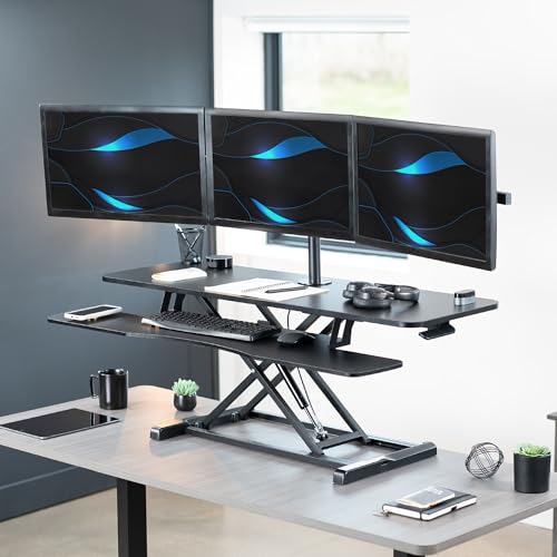 VIVO Height Adjustable 48 inch Standing Desk Converter with Triple 21.5 to 27 inch Monitor Mount, Extra Large Desk Riser, Black, DESK-KIT-48KB3C VIVO