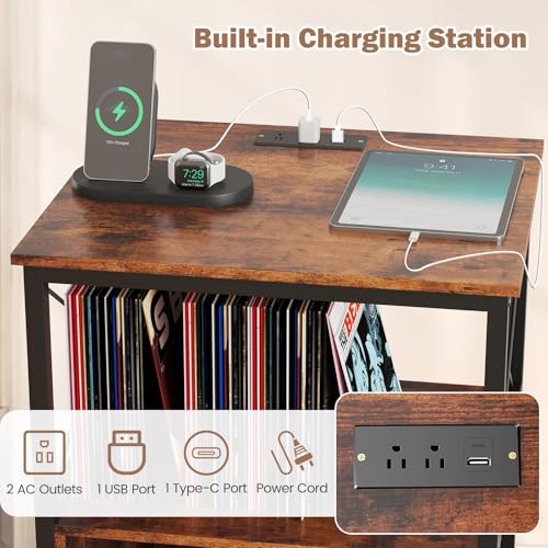 LOKO 3-Tier Rolling Record Player Stand, Mobile Turntable Stand with Power Outlet, Open Shelf & Dividers, Metal Frame, Industrial Vinyl Record Storage Table on Wheels for Living Room, Bedroom LOKO