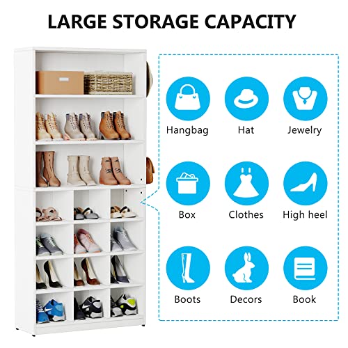 Tribesigns Shoe Cabinet, 24 Pair Freestanding Shoe Rack Storage Organizer with Side Hooks, Modern Shoe Storage Cabinet with Shelves for Hallway Bedroom Closet Entryway, 1PC Tribesigns