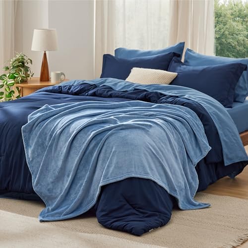 Bedsure Full Comforter Set Navy Blue, 8 Pieces Prewashed Full Size Bed in a Bag with Soft Fleece Bed Blanket, Down Alternative Bedding Set for All Seasons, Sheets, Pillowcases & Shams Bedsure