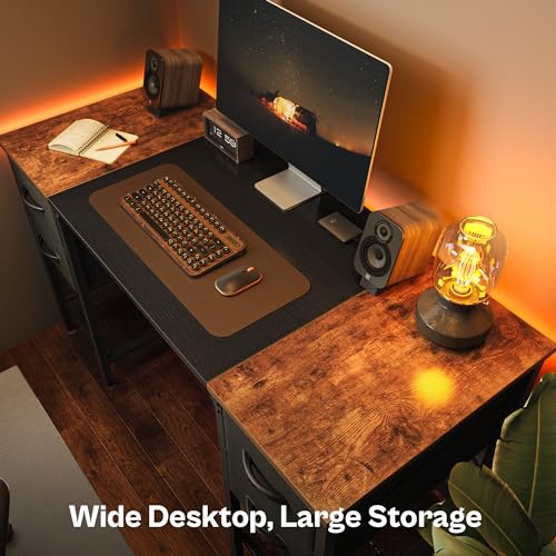 Huuger 47 Inch Computer Desk with 4 Drawers, Office Desk with Mesh Shelf, Gaming Desk, Large Storage, Writing Desk Work Desk for Home Office, Study, Bedroom, Work from Home, Rustic Brown and Black Huuger