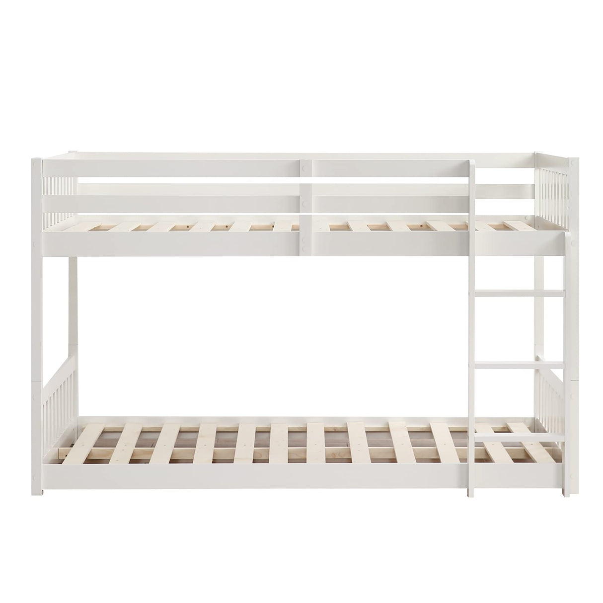 JOYMOR Solid Wood Low Twin Over Twin Bunk Bed for Kids/Toddlers/Junior, Bunk Bed Frame with Guardrails & Ladder for Boys Girls, No Box Spring Needed, White JOYMOR