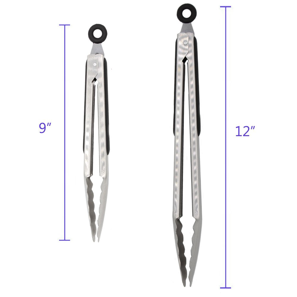 304 Stainless Steel Kitchen Cooking Tongs, 9" and 12" Set of 2 Sturdy Grilling Barbeque Brushed Locking Food Tongs with Ergonomic Grip, Black ALLWIN-HOUSEWARE W