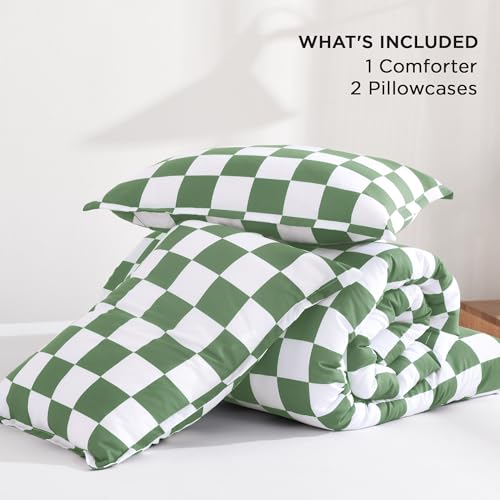 Andency Green Checkered Comforter Full(79x90Inch), Plaid Gingham Buffalo Grid Bedding Comforter Sets for Boys Kids Teens, 3 Pieces Lightweight Microfiber Geometric Preppy Bed Set Andency