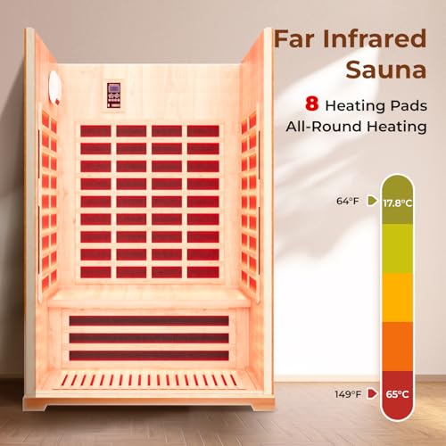 Far Infrared Sauna, 2 Person Outdoor Sauna Red Cedar Wood, 2080W Low EMF 110V with 8 Heaters, Chromotherapy Lights, Oxygen Bar, Control Panel & Beauty Light for Yard, Deck, Pool, 48.8 * 38.2 * 81.9 In LINKHOO