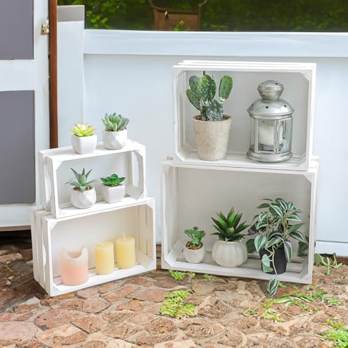 JUMBO HUMBLE Set of 4 Large Wooden Decorative Storage Crates, Whitewashed Nesting Wooden Crates for Display Rustic, Farmhouse Wooden Storage Container Boxes Made from 100% Wood JUMBO HUMBLE