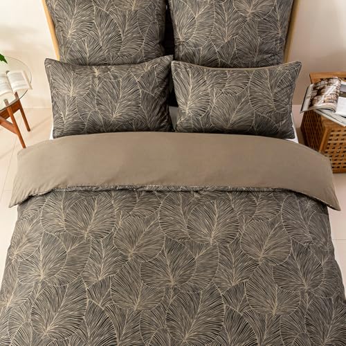 Lekesky King Size Duvet Cover Set, Reversible King Comforter Cover with Tropical Leaves Pattern, Soft 100% Washed Microfiber 3 Pieces Khaki Bedding Set with Zipper and 2 Pillowcases Lekesky