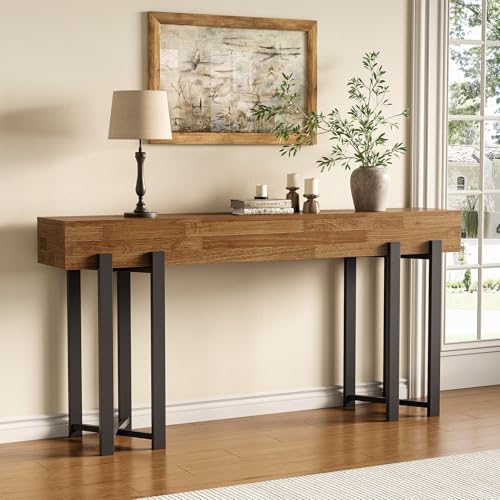 LITTLE TREE 63-Inch Console Table for Entryway, Farmhouse Behind Couch Table, Minimalist Sofa Table for Living Room, Long Wooden Hallway Foyer Table with Black Metal Frame, Oak LITTLE TREE