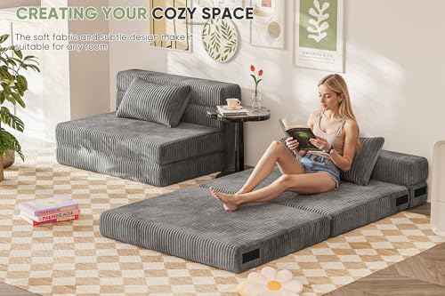 Homall Folding Sofa Bed, Floor Couch Convertible Sleeper Chair with Pillow, Comfy Futon Lounge Sofas, Portable Fold Out Chair Bed for Living Room, Small Space (Corduroy, Slate Grey) Homall
