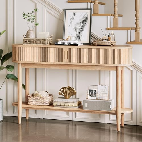 LINSY Fluted Console Table with Storage, Entryway Table Wood Entrance Tables for Front Door, Behind Couch Sofa Table with Shelves, Foyer Tables for Hallways, Living Room Boho Furniture, Light Wood LINSY