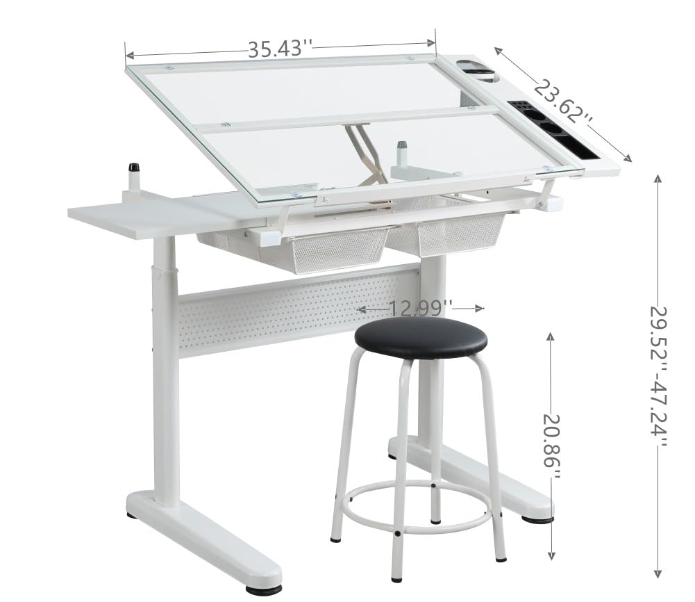 Dyncan Hand Crank Height Adjustable Drafting Table Adjustable Large Desktop- Modern Tempered Glass Artist Drawing Table 0-75° Tiltable Tabletop Artist with Chair and 2 Metal Drawers Dyncan