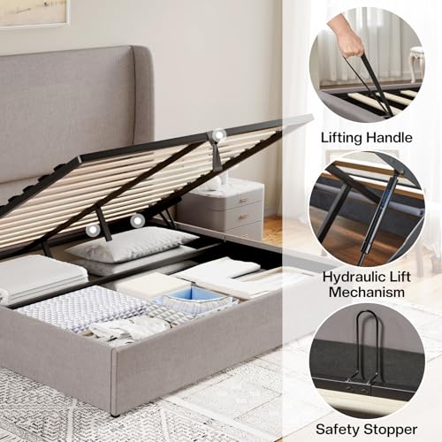 Jocisland Queen Size Lift Up Storage Bed Frame Linen Upholstered Platform Bed/Hydraulic Storage/Modern Wingback Headboard/No Box Spring Needed/Wood Slats Support/Light Grey Jocisland