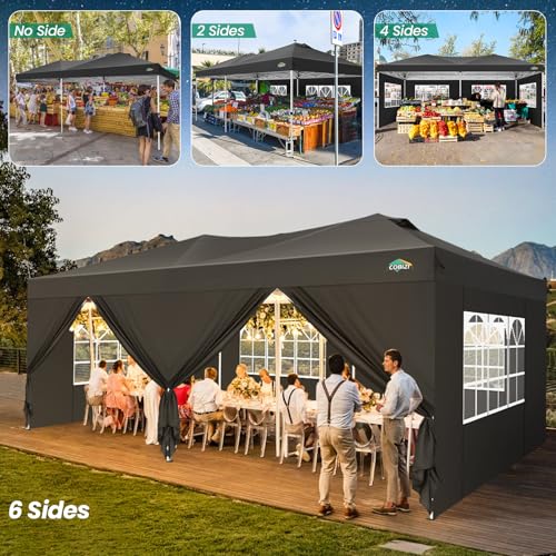 COBIZI Canopy 10x20 Pop Up Canopy Tent with 6 Sidewalls, One Push Party Tents for Parties Outdoor Wedding Waterproof Gazebo Commercial Event Tent with Sandbags, Black COBIZI