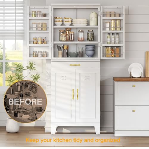DWVO Metal Storage Cabinet, 71" Kitchen Pantry Cabinet with 4 Door & 4 Adjustable Shelves & Drawer & Door Rack, 6-Tier Tall White Steel Cabinets for Kitchen, Living Room, Dining Room DWVO