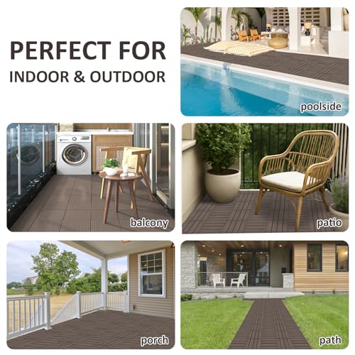 36 PCS 12x12 Interlocking Deck Tiles - All-Weather Waterproof Outdoor Pavers for Pool Decks, Balconies, Backyards & Porches, Chocolate SAILARY