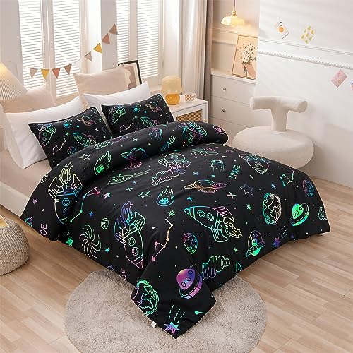 Aimuan Space Bedding Twin Bed Comforter Kids Rocket Bedding Set Super Soft & Cute Aliens UFO Printed for Boys Girls Teen (Black, Twin) Aimuan