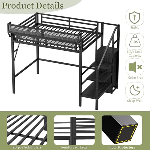 Duxelifin Twin Size Loft Bed with Staircase, Metal Loft Beds with Storage Shelves & Wardrobe, High Lofted Bed Frame, Loft Twin Bed for Boys Girls and Teens, No Box Spring Needed (Black) Duxelifin
