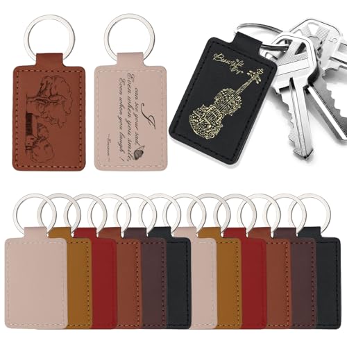 Tikjiua 15 Pcs PU Leather Keychain, 6 Colors Rectangular Leather Key Fob Kit, Laser Engraving Key Fob for Stamping Craft, Leather Keychain Blanks Making Tikjiua