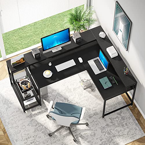 Tribesigns 69 Inch L Shaped Desk with Monitor Stand, Large Reversible Corner Desk with Storage Shelf, Industrial Computer Table Writing Desk for Home Office, Black Tribesigns