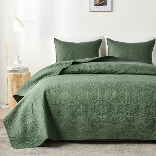 akkialla Queen Quilt Bedding Set,Olive Green Ultrasonic Full/Queen Quilt Set,Lightweight Soft Bedspread Coverlet,Modern Style Coin Pattern Bed Cover for All Seasons,3 Piece(1 Quilt,2 Pillow Shams) akkialla