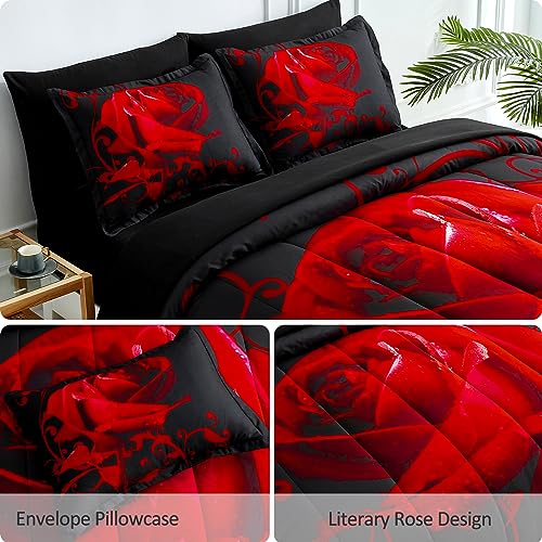 WONGS BEDDING Red Comforter Set Cal King, Reversible Red Rose 7 Pieces Bed in a Bag, Lightweight Soft Microfiber Bedding Sets with Comforter, Flat Sheet, Fitted Sheet, Pillowcases & Shams WONGS BEDDING