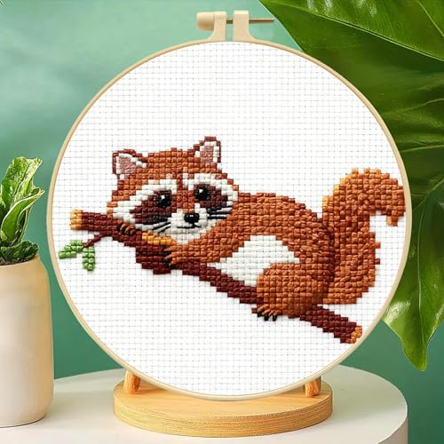 Zhenqing Raccoon Cross Stitch Kit for Beginners, 11CT Printed 20x20cm with 16cm Hoop, Cute Animal on Branch Embroidery Set (70740)