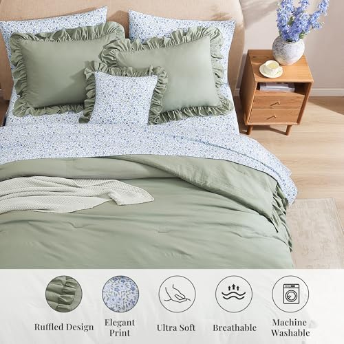 BLOOMHAVEN Queen Comforter Set - 7 Pieces Ruffle Sage Green Bedding Sets, Shabby Chic Farmhouse Bed in a Bag Queen with Ruffle Comforter, Floral Sheets, Pillowcases & Shams BLOOMHAVEN