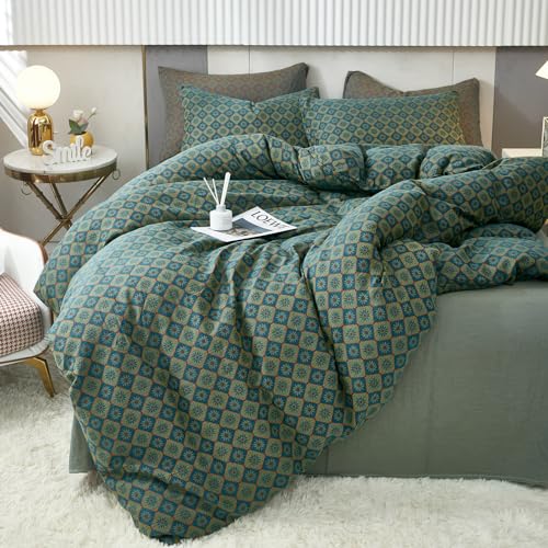 VM VOUGEMARKET Linen Cotton Duvet Cover Queen,3 Pcs Yarn-Dyed Textured Duvet Cover Set Green Flower Geometric Bedding Set,Ultra Soft and Breathable Comforter Cover Set VM VOUGEMARKET