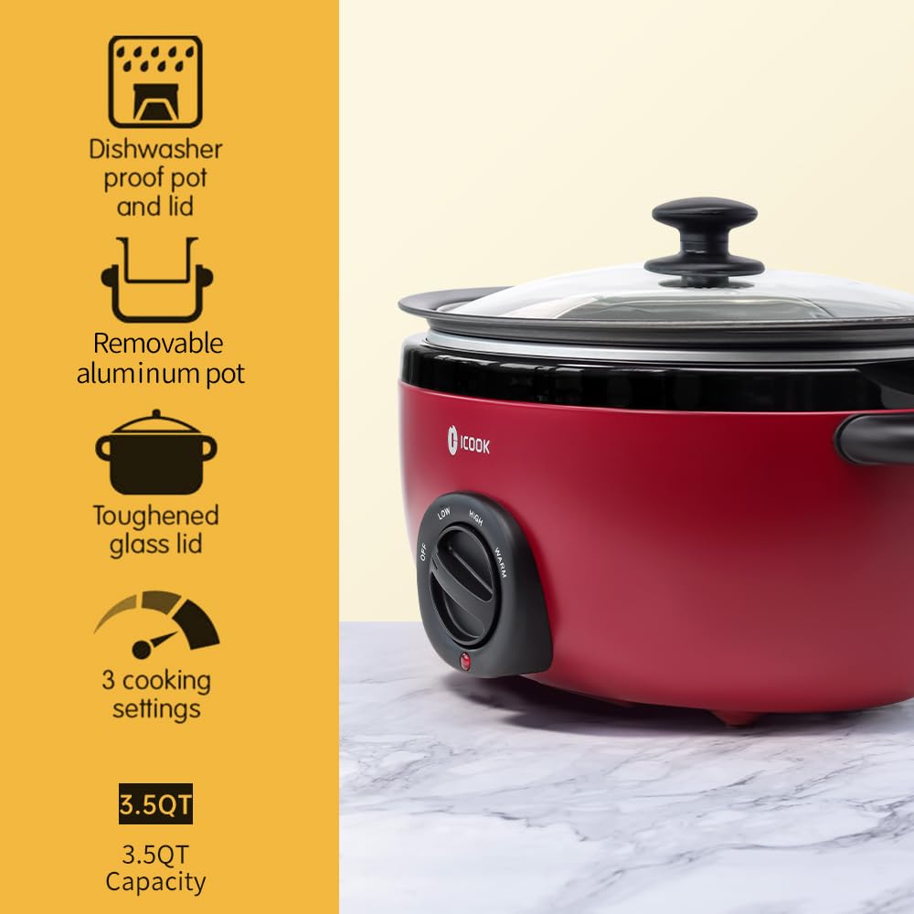 ICOOK USC-35-OP001RD 3.5 Quart Slow Cooker,Aluminium Sear/Sauté Stew Pot Stovetop safe,Dishwasher Safe,Glass Lid,Adjustable Temp,Food Warmer,Red ICOOK