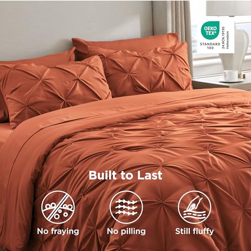 Bedsure Twin Comforter Sets - 5 Pieces Pintuck Bedding Sets Twin Size, Pinch Pleat Burnt Orange Bed in a Bag Twin with Comforter, Sheets, Pillowcase & Sham Bedsure