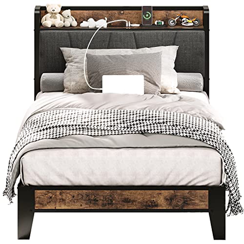 LIKIMIO Twin Bed Frames, Storage Headboard with Charging Station, Solid and Stable, Noise Free, No Box Spring Needed, Easy Assembly LIKIMIO