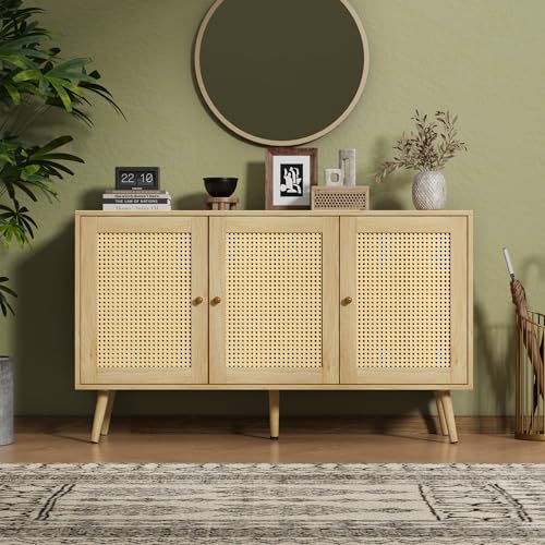 IDEALHOUSE 47.2" Rattan Sideboard Buffet Cabinet with 3 Doors, Boho Storage Cabinet with Adjustable Shelves, Console Table for Living Room, Dining Room, Entryway, Coffee Bar IDEALHOUSE