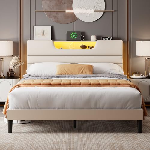 OURPIC Queen Size Bed Frames with Upholstered Headboard, Modern Platform Bed with Charging Station and Led Lights, Bed Frame with Sturdy Wooden Slats/No Box Spring Needed/2-Tier Storage, Beige OURPIC