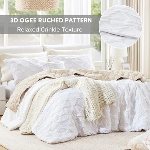 Comfort Spaces Twin/Twin XL Comforter Set for College Ogee Ruched Crinkle Texture Breathable Comforter Set Twin Dorm All Season Lightweight Bedding Set Shabby Chic Décor Pilow White 3 Piece Comfort Spaces