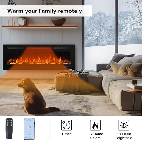 Valuxhome 50" WiFi Modern Recessed and Wall Mounted Electric Fireplace Heater for Living Room,Timer, Overheating Protection, 5100BTU,Touch Screen, Black Valuxhome