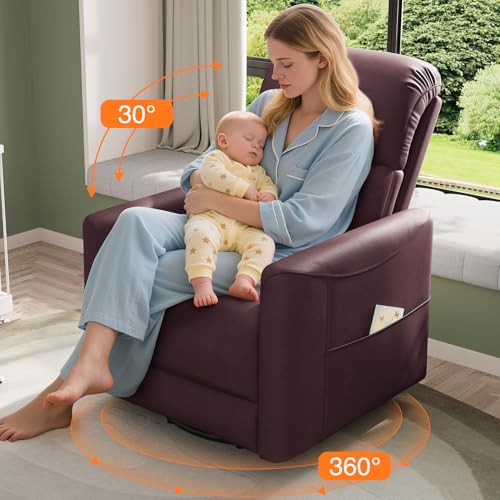 Welzona Power Swivel Rocker Recliner, Power Recliner Chair, 360° Swivel Small Recliners for Small Spaces, Infinite Position Rocking Chair Nursery, PU Leather Living Room Chairs USB Port, Burgundy Red