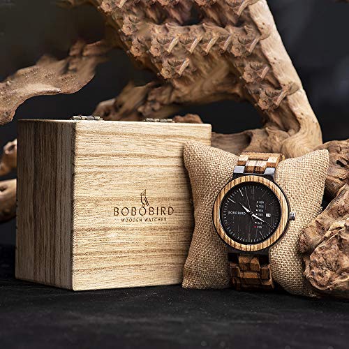 BOBO BIRD Mens Wooden Watch Analog Quartz with Week Display Lightweight Handmade Wood Wrist Watch for Men (Black Dial) BOBO BIRD