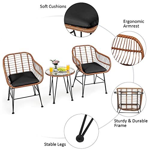 Tangkula 3 Pieces Patio Conversation Bistro Set, Outdoor Wicker Furniture w/Round Tempered Glass Top Table & 2 Rattan Armchairs, Bistro Chat Set w/Seat Cushions for Porch, Backyard, Garden Tangkula