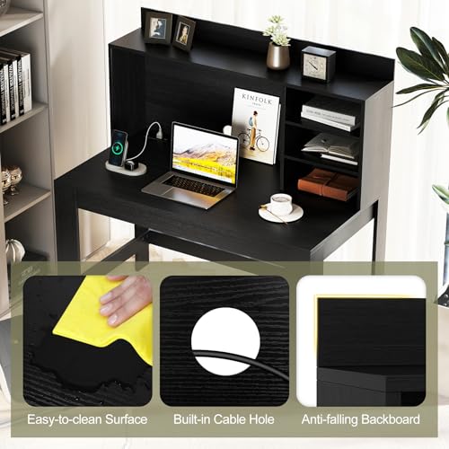 Giantex Computer Desk with Hutch, Modern Home Office Desk with Power Outlets, Storage Shelves & Cable Hole, Makeup Vanity Table, Study Writing Desk for Bedroom Office Small Space (Black) Giantex