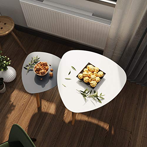 BAMEOS Bamboo Nesting Triangle End Table,Set of 2 Coffee Table Modern Minimalist Side Table for Living Room, Balcony in White & Grey BAMEOS