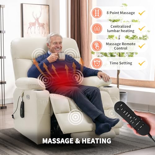 EONIX Power Lift Recliner Chair for Elderly with Heat and Massage, 400lbs Heavy Duty Electric Recliner Chairs for Adults with Cup Holders and USB Charging Ports, SLRY019020, Cream White