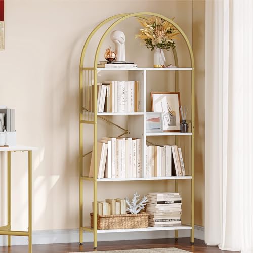 YITAHOME 5-Tier Gold Arched Bookshelf - Elegant White & Gold Storage Rack for Home, Office, and Living Space YITAHOME