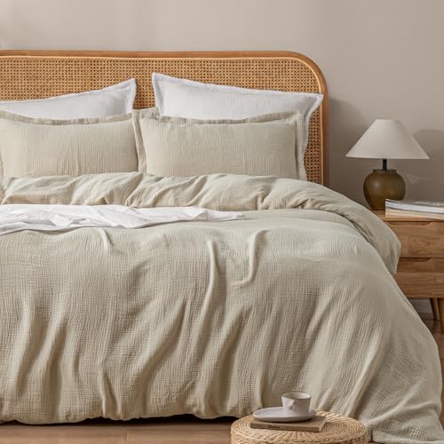 PHF 100% Natural Cotton Muslin Duvet Cover Set King Size, Ultra Soft Breathable Absorbent, Luxurious Minimalist Gauze Bedding for All Season, Duvet Set with 2 Pillow Shams, 104" x 90", Linen PHF